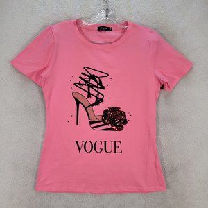 Estella Pink Heel Fashionista Glam Barbie Sequin Vogue Soft Casual Tee Shirt Top